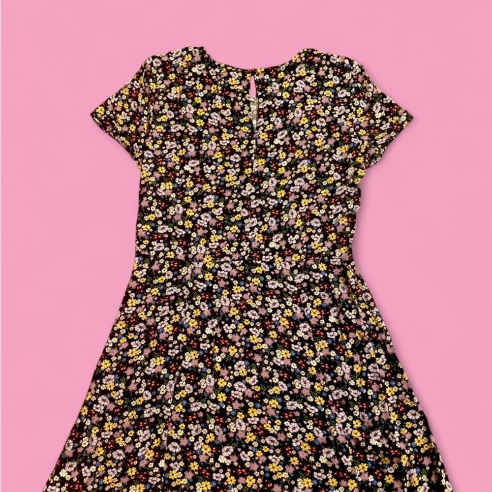 H&M Black Floral Short Sleeve Fit-and-Flare Dress with Pink and Yellow Flowers